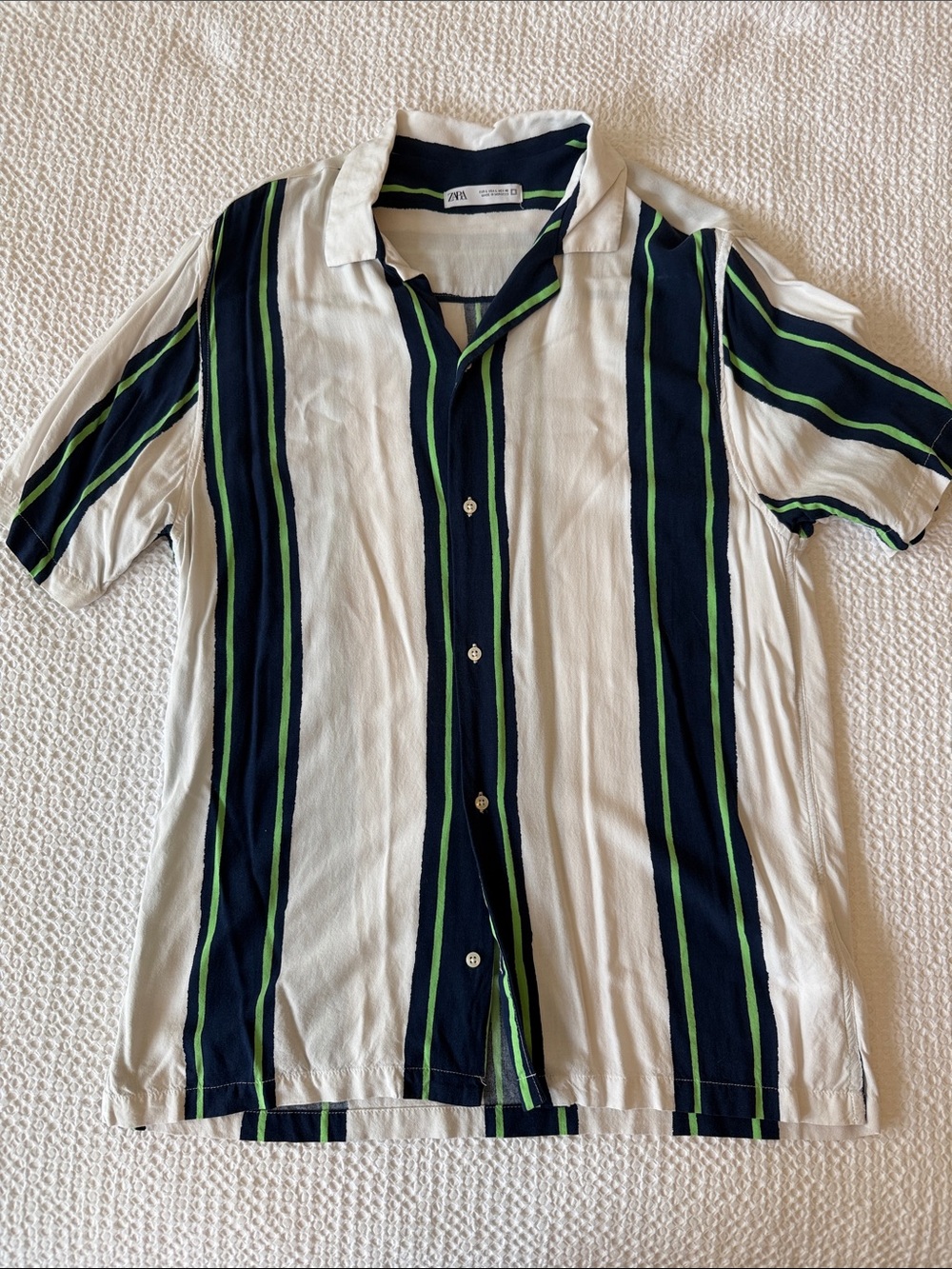 ZARA White Navy Green Vertical Stripe Short-Sleeve Button-Up Shirt